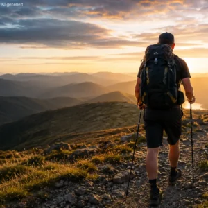 Extremwanderer mit Rucksack auf langer Wanderstrecke bei Sonnenaufgang Fehler beim Extremwandern