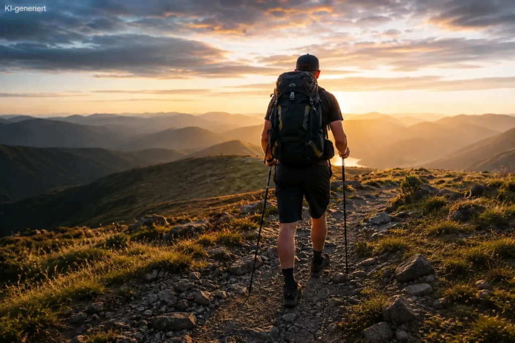Fehler beim Extremwandern, Wanderer von hinten mit Blick auf den Weg vor sich, dunkle gesamtwirkung der szene mit sonnenuntergang im hintergrund