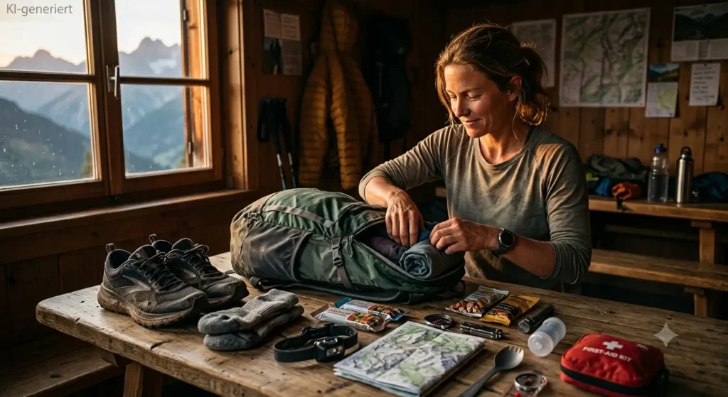 Wanderin bei der Vorbereitung auf eine Wanderung, verschiedene Gegenstände liegen auf dem Tisch. Um Fehler beim Extremwandern zu vermeiden