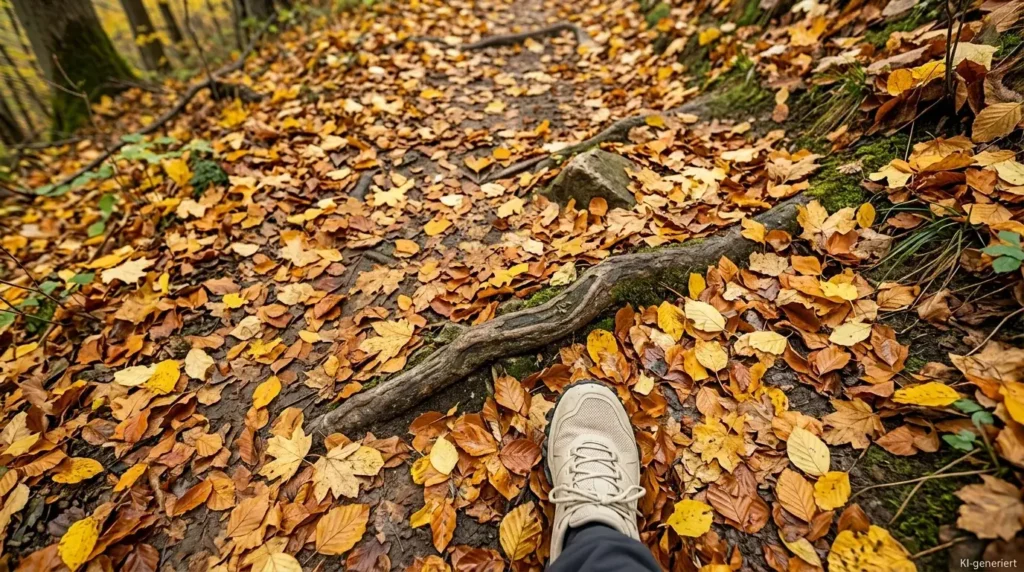 Extremwandern im Herbst Stolperstellen von Laub verdeckt