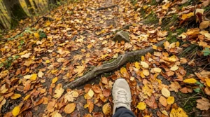 Extremwandern im Herbst Stolperstellen von Laub verdeckt