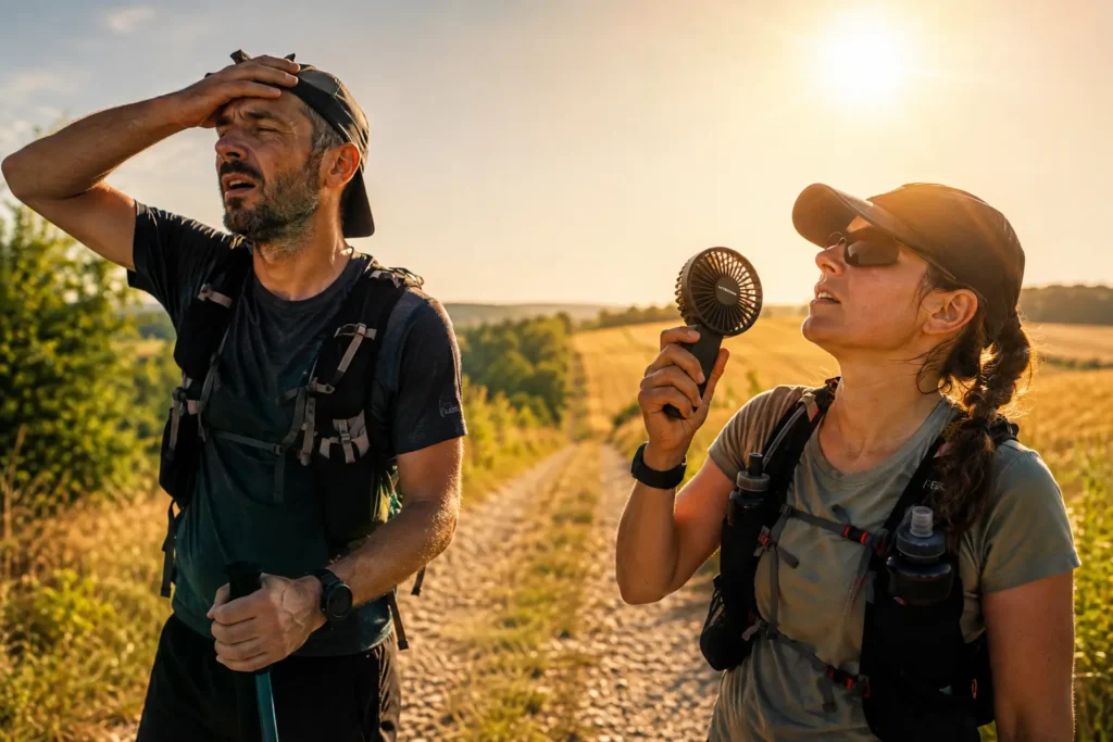 Hitze beim Wandern, zwei Wanderer kühlen sich